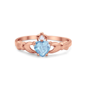 Irish Claddagh Heart Promise Ring Rose Tone, Simulated Aquamarine CZ 925 Sterling Silver